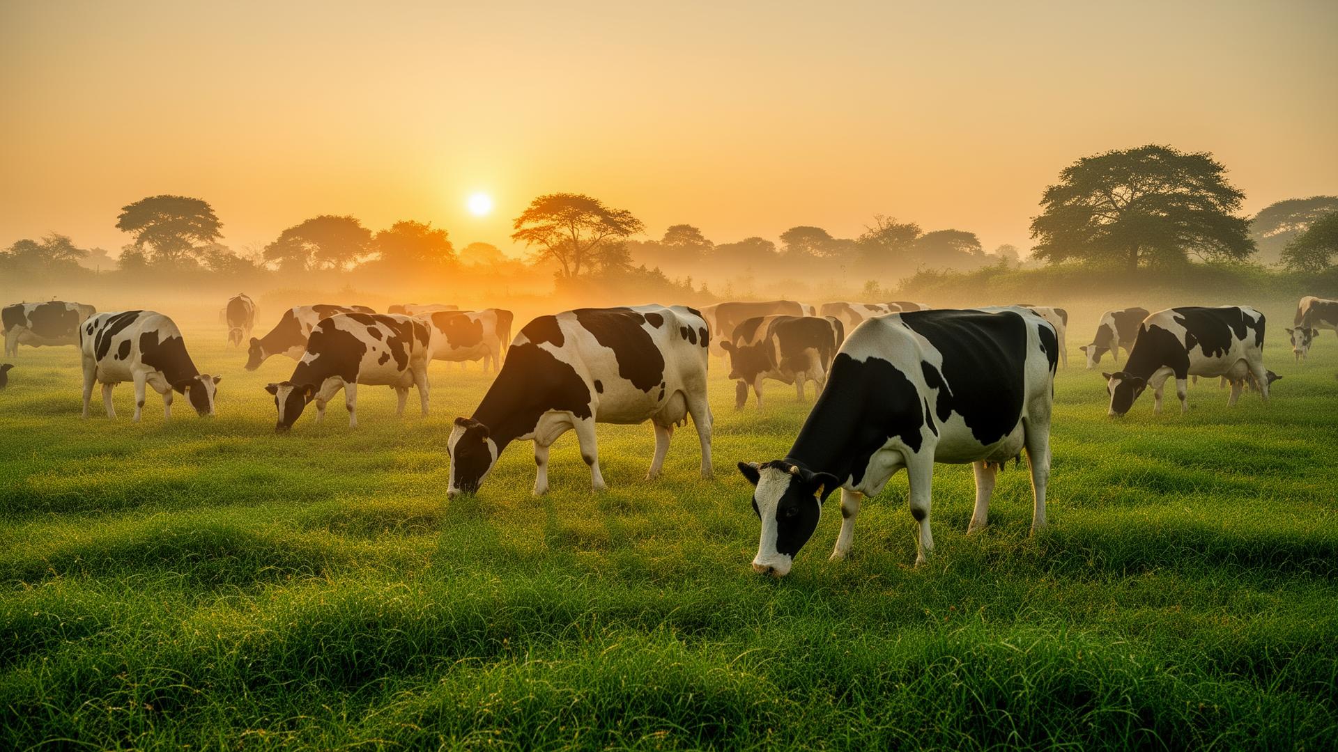 Holstein cows grazing at sunrise on an Indian dairy farm